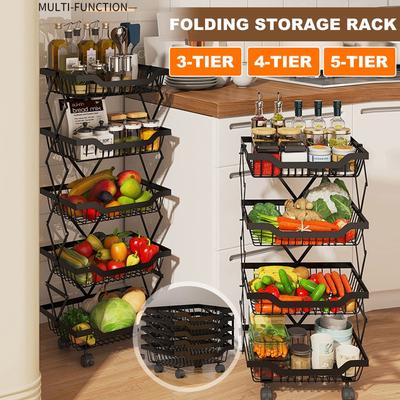 Black 3/4/5 Tier Folding Kitchen Rack Storage Rack Movable Storage Rack Trolley With Wheels For Living Room Bedroom Kitchen