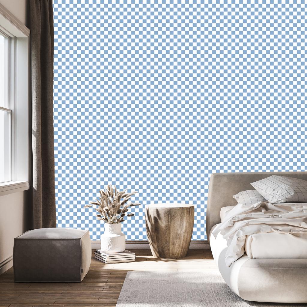 Azure, white and blue checkerboard wallpaper for living room and bedroom 50x1000