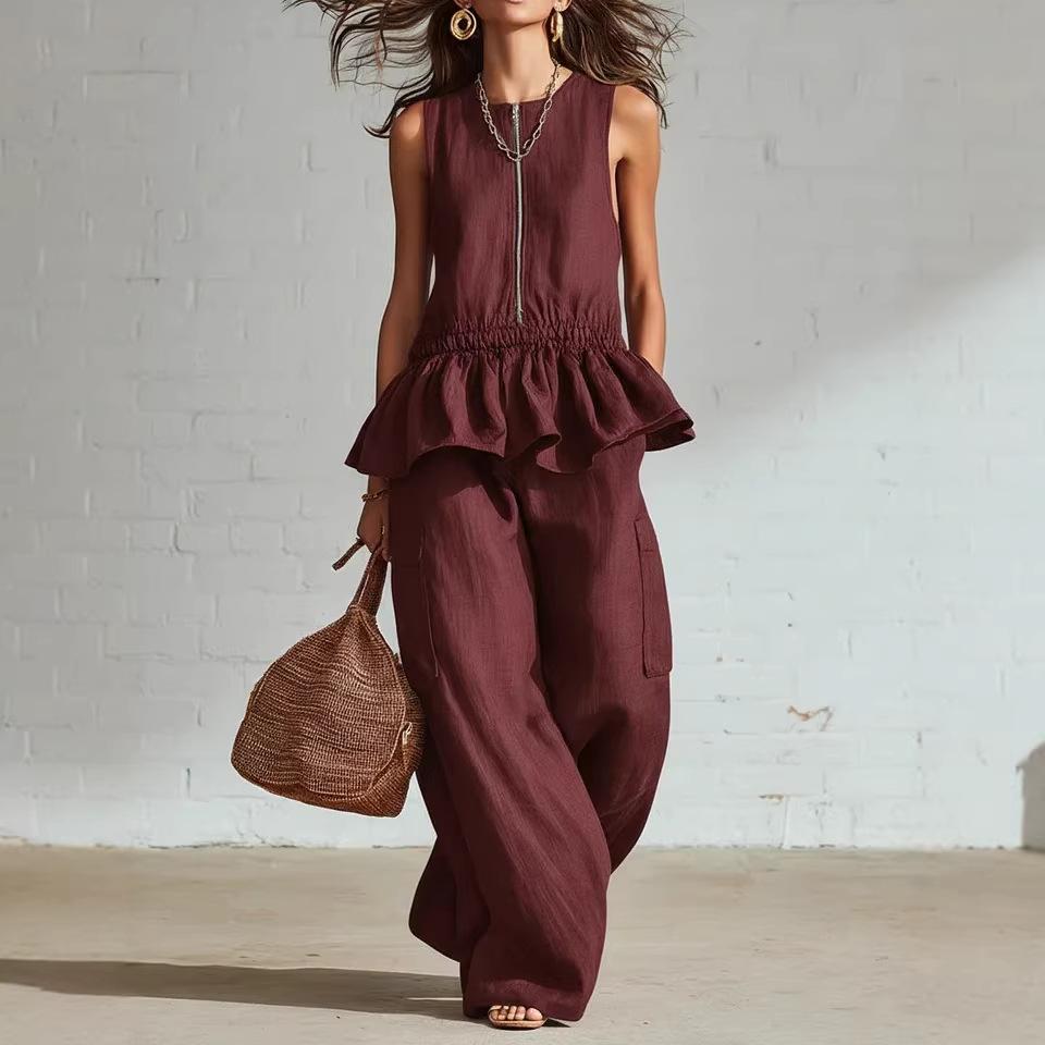 2026 Summer New European and American Foreign Trade Women's Sleeveless Pleated Vest Wide-leg Trousers Casual Suit Women