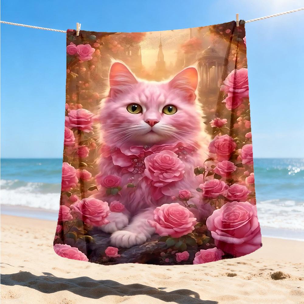 1pc Pink Rose Cat Print Outdoor Flannel Blanket , Machine Washable Perfect Gift for Birthday , Holiday Travel Accessory , Durable Material