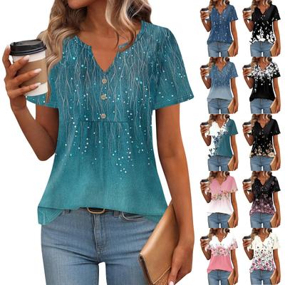 Women's Short Sleeve Tops Summer V-Neck T Shirts Casual Pleated Blouse Loose Print Basic Tee