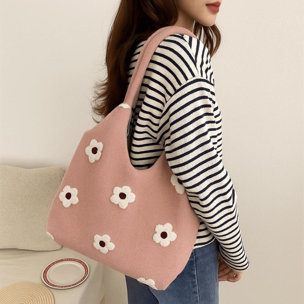 Cusual Embroidery Flower Tote Bag Large Capacity Fluffy Shoulder Bag Plush Underarm Bag Travel