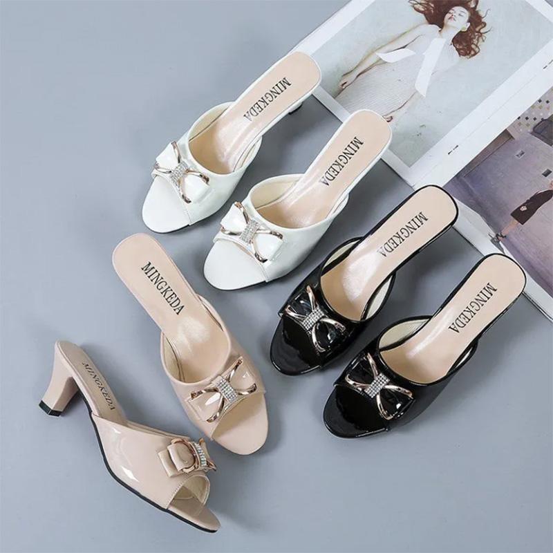 Fashion All-match Bow Stiletto High Heels Women's Outer Wear Medium-heeled Fish Mouth Slippers Large Size Sandals Women's Shoes