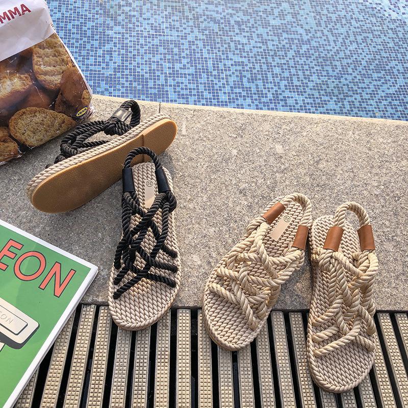 Summer New Korean Style Flat Bottom Sandals Women's Casual Beach Shoes Open Toe Knot Cross Rope Sandals Comfortable Ladies Flip