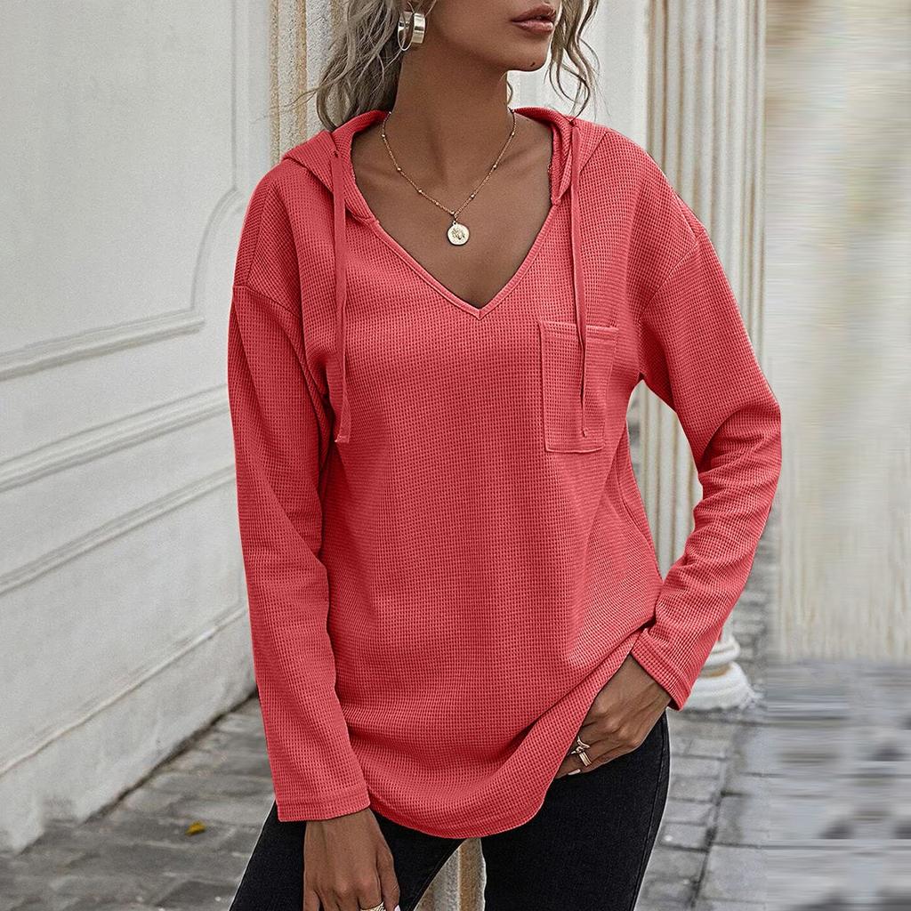 Dámská mikina pro volný čas, dlouhý rukáv, jednobarevný, sportovní svetr s výstřihem do V, s kapsami