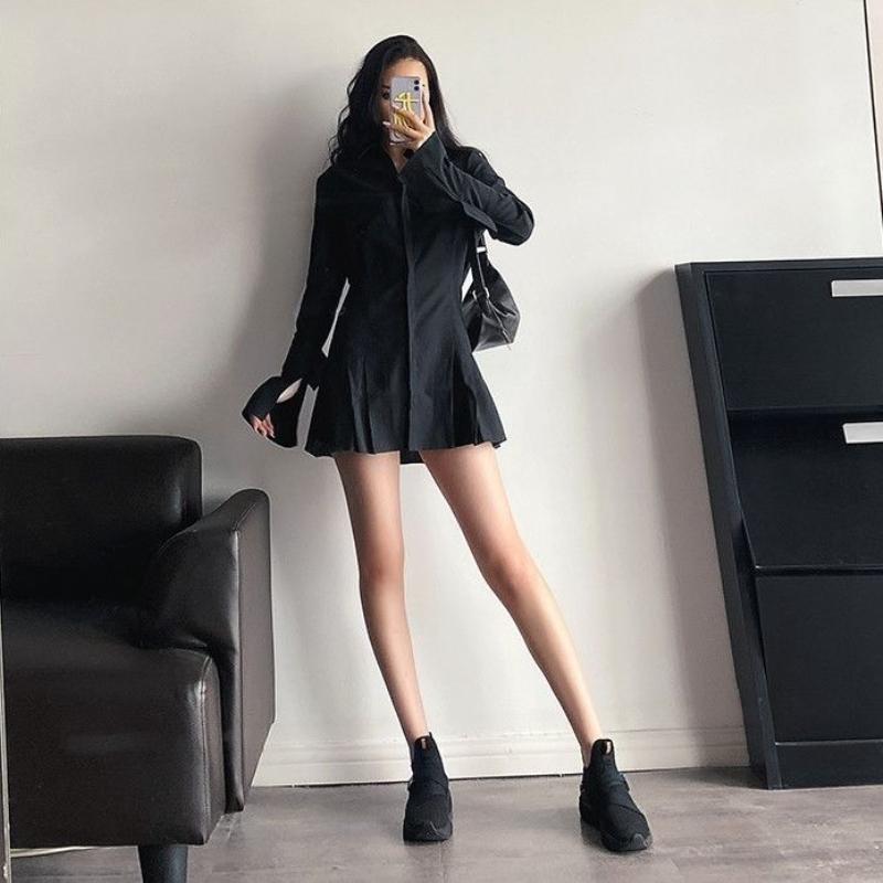 Autumn Women's Long-sleeved Shirt New A-line Shirt Black Skinny Design Sexy Dress