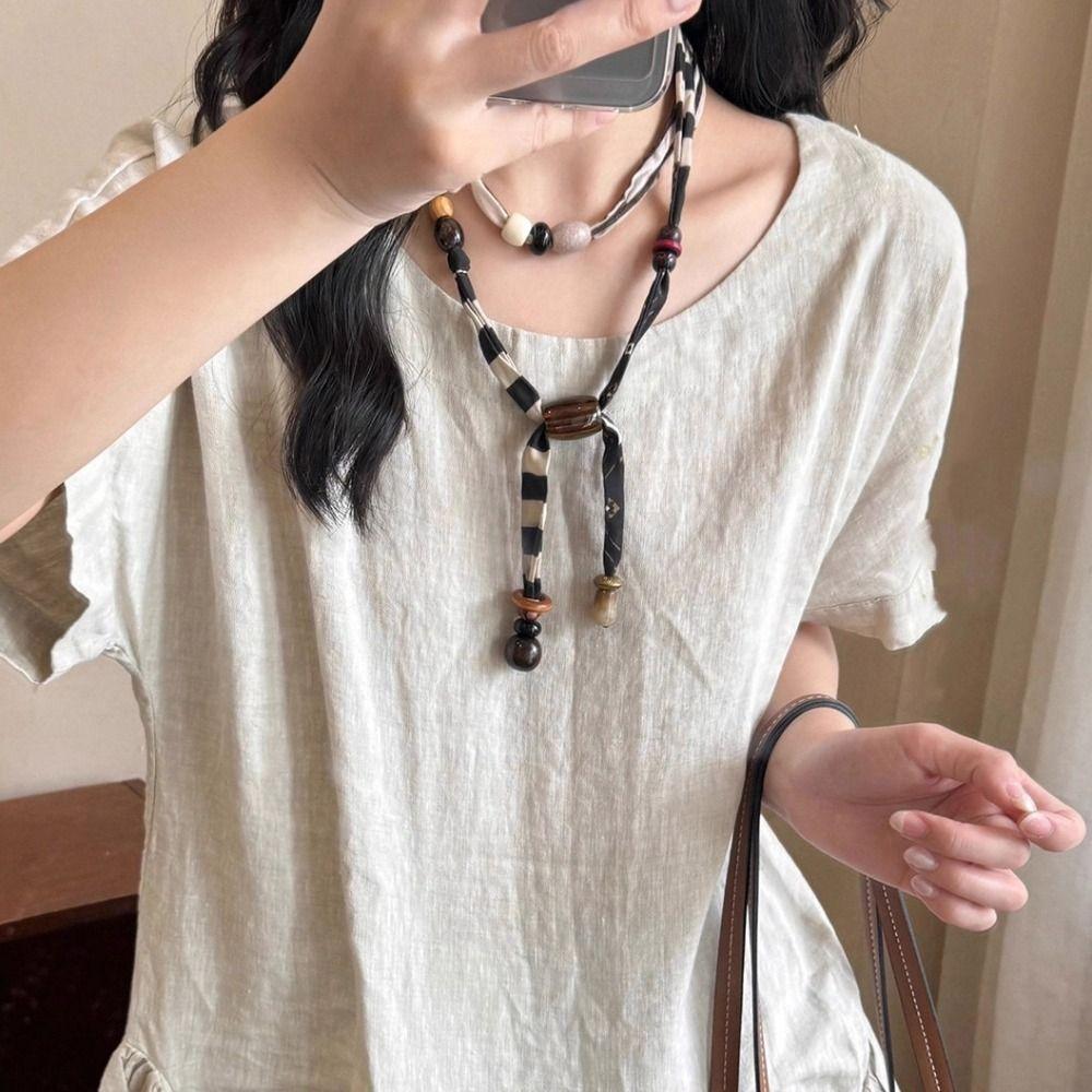 Multicolor Cloth Chain Necklace Strip Bohemian Choker Unique Wood Bead Necklace Male