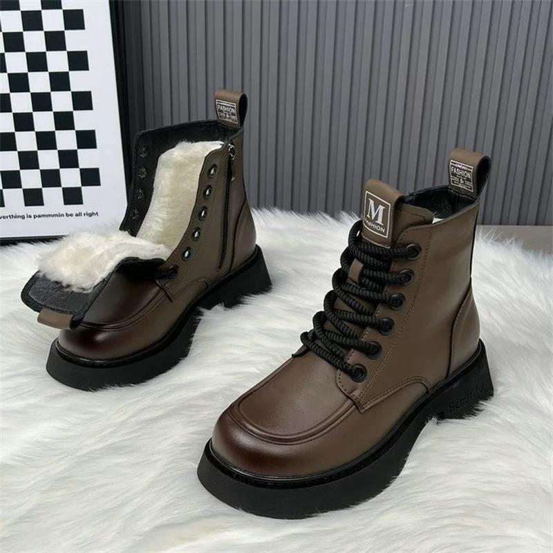 Winter Women's Boots Thick Plush Warm Snow Boots Lace Up Ankle Boot Fashion Casual Leather Boots for Women High Top Cotton Botas