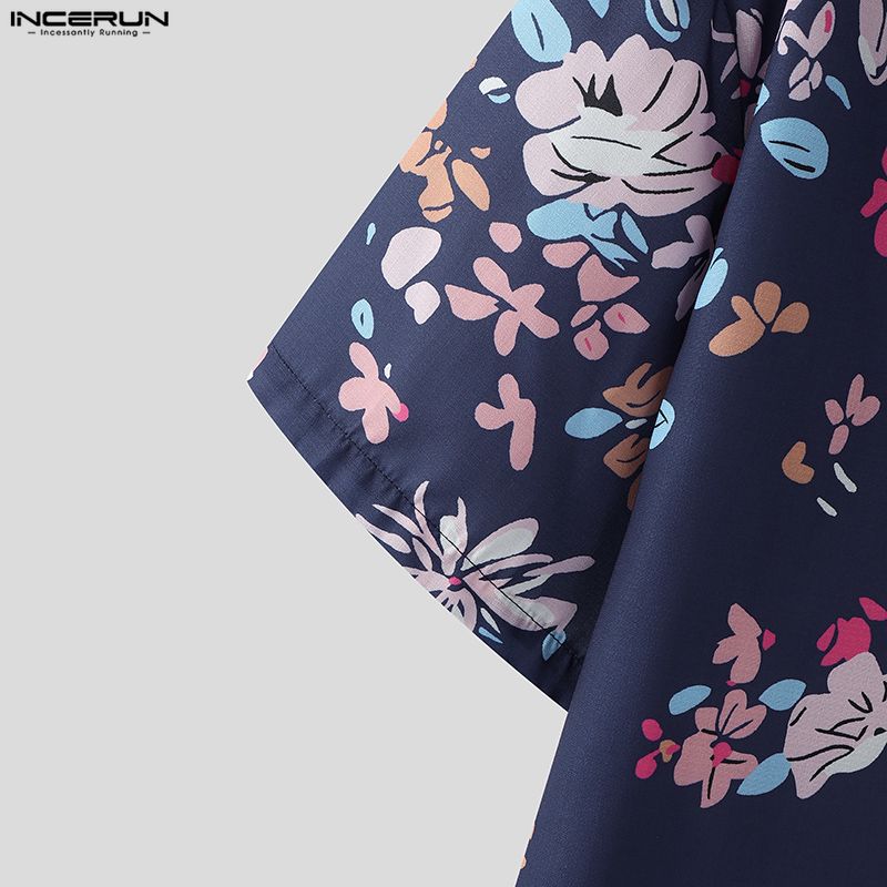 INCERUN Übergroße Herren Hemden mit Reverskragen, kurzen Ärmeln, Blumendruck, lässig und locker