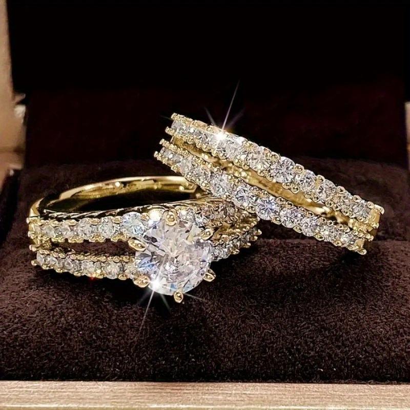 2item/A set of silver-plated rings inlaid with sparkling synthetic zirconium stones for engagement/Wedding ring, evening party decoration, luxurious