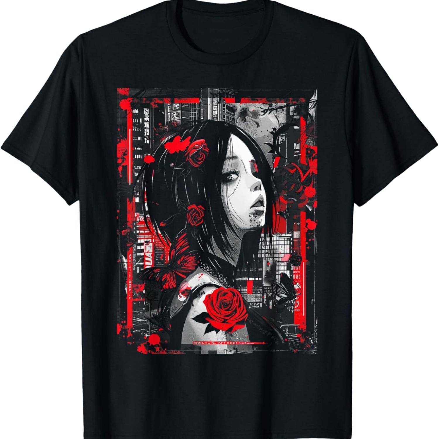 Anime Japanese Goth Cyberpunk City Roses Urban T-Shirt S чёрный