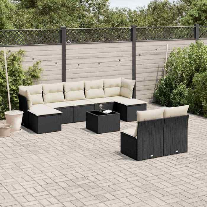VidaXL Salon de Jardin avec Coussins 10 pcs, Canapés de Terrasse, Ensemble de Meubles de Patio, Mobilier d'Extérieur, Noir 3250115