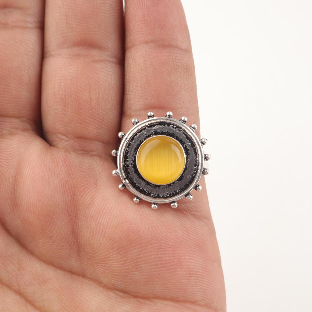 Yellow Cat's Eye 925 Sterling Silver Ring, Handmade Gorgeous Silver Jewelry, Statement Ring Cat's Eye Gemstone Jewelry For Gift
