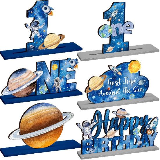 6 Pcs First Trip Around The Sun One Letter Sign Outer Space Table Centerpiece Wooden Outer Space 1st Birthday Party Decorations Planets Solar System