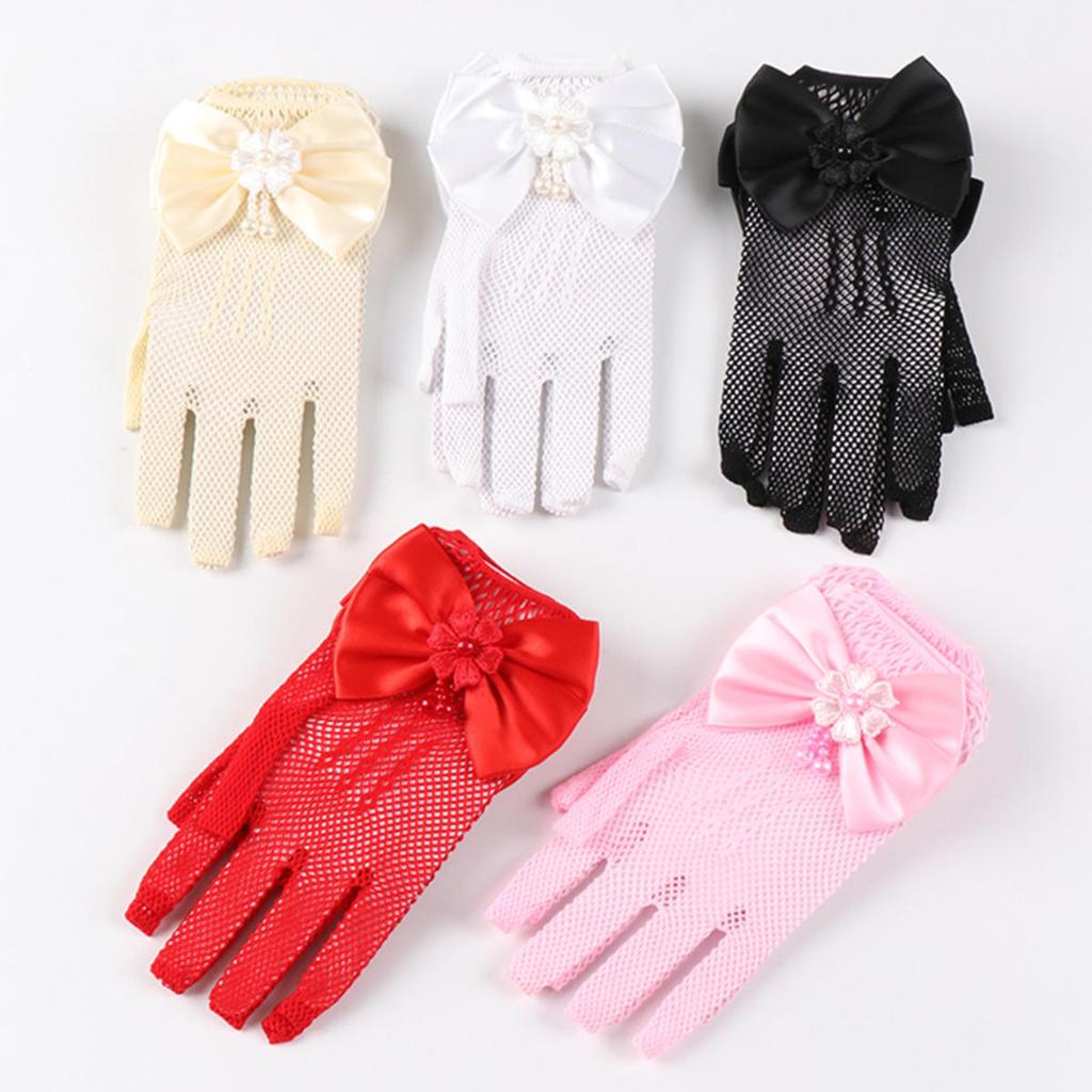 Kids Party Lace Pearl Fishnet Gloves Communion Flower Girl Party Mittens Children's Mittens High Elasticity Mesh Bow Gloves