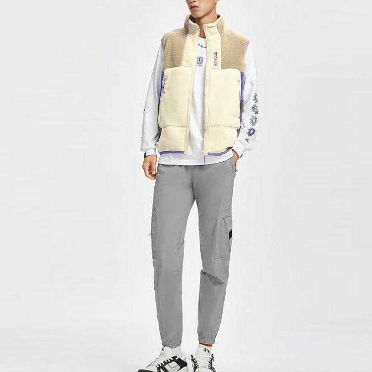 Li Ning Badfive Color Block Forro Polar Cálido Suelto Cuello Alto Chaleco Hombre Chalecos Caqui AMDR045-2