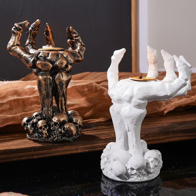 Resin Skeleton Hand Decors Candle Holders, Gothic Accent Rings, Bracelets, Necklace Stand for Halloween Centerpieces, Shelves, and Mantels Displays