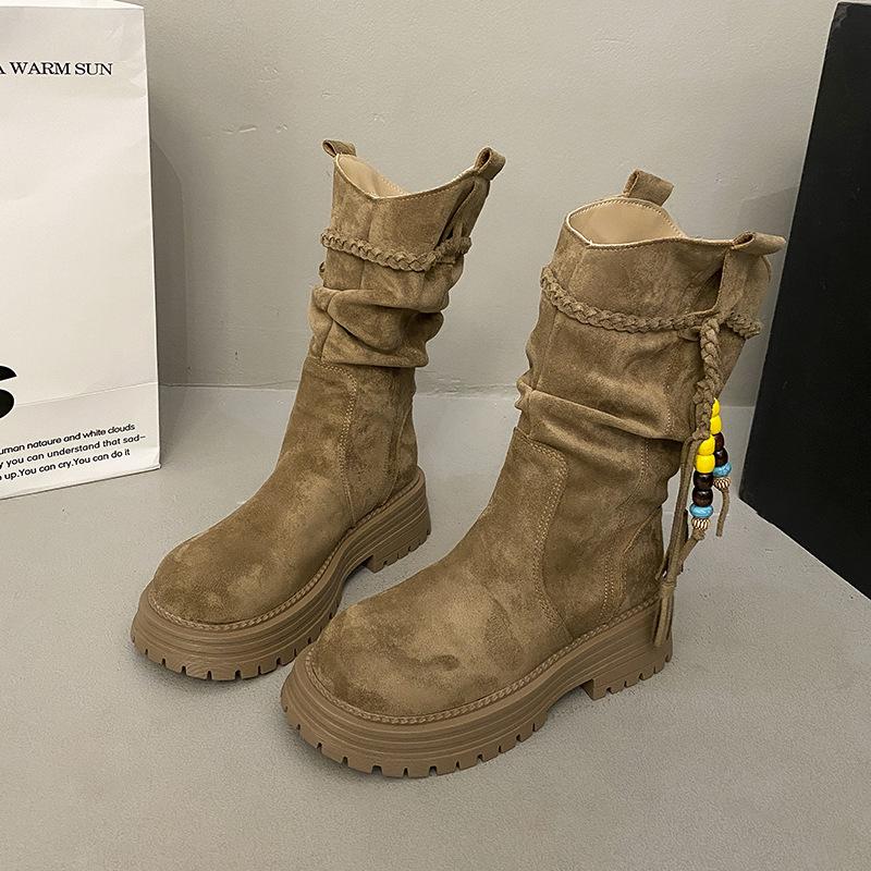 

Maillard Western Cowboy Boots Pile Boots Women s 2025 New Autumn and Winter Thick-soled Martin Boots Wasteland Fringed Short Boots 40 хаки