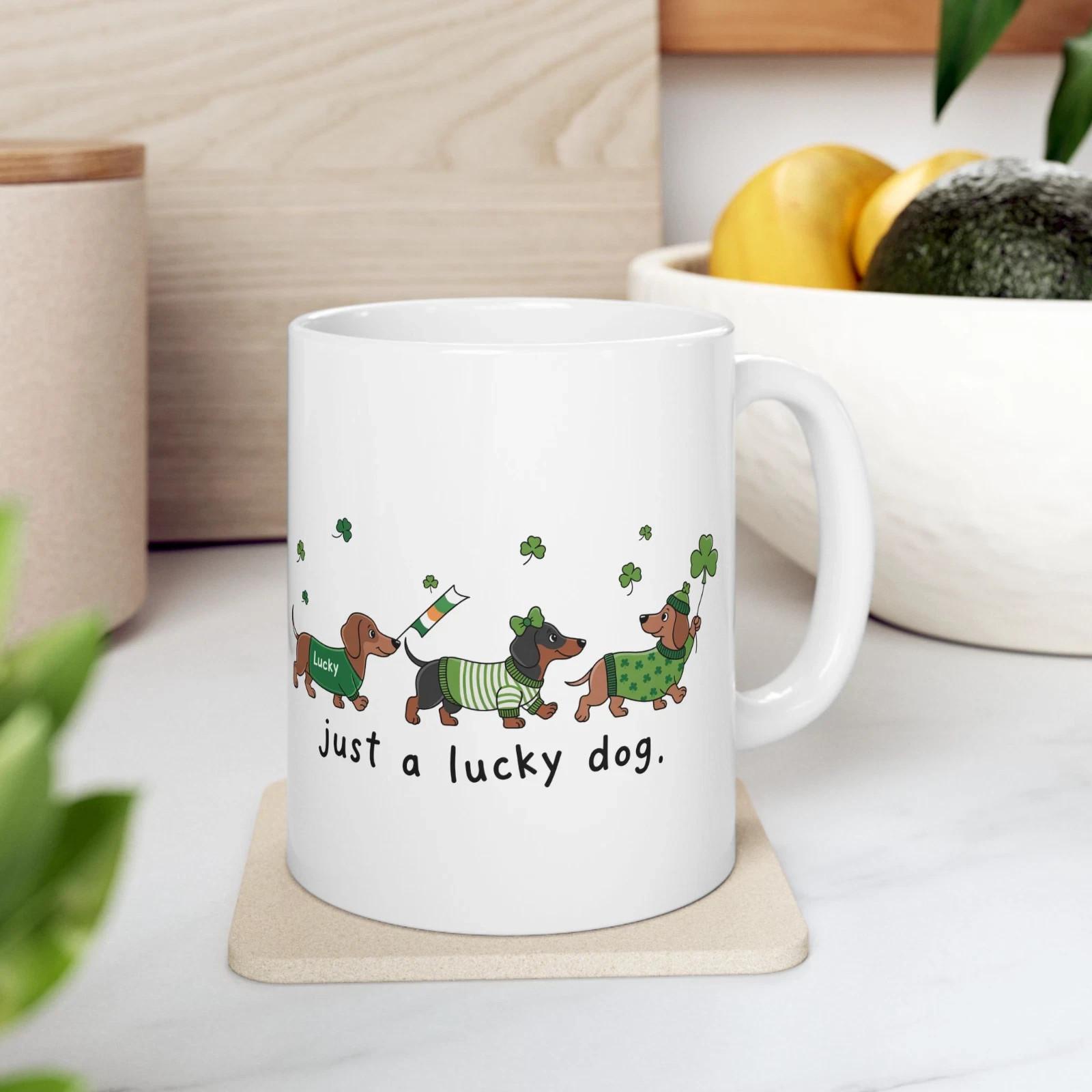 Funny Dachshund Coffee Mug Lucky Dog St Patricks Day Wiener Dog Lover Gift Cup L