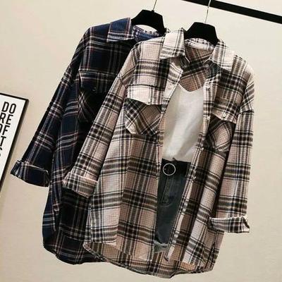 Plaid Coat Female Fall and Women Long-sleeved Medium-length Loose Long-sleeved Thin Section Button Cardigan Jacket