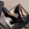Patent Leather Brown Mary Jane Shoes Women 2024 Elegant Vintage High Heels Woman Square Toe Chunky Heels Shallow Mouth Pumps