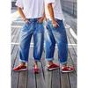 Jeans da donna con orli arrotolati, tasche cucite, vita media, gamba a botte, jeans cropped da donna