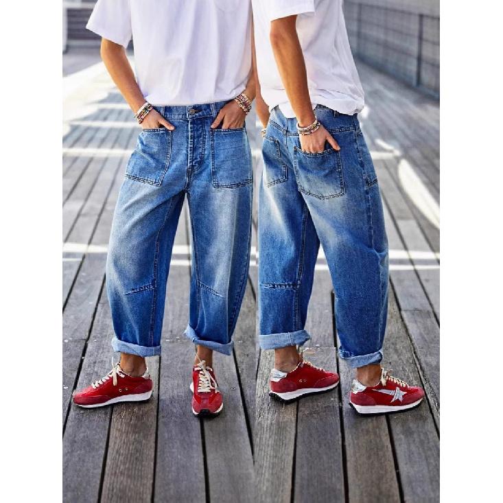 Jeans da donna con orli arrotolati, tasche cucite, vita media, gamba a botte, jeans cropped da donna