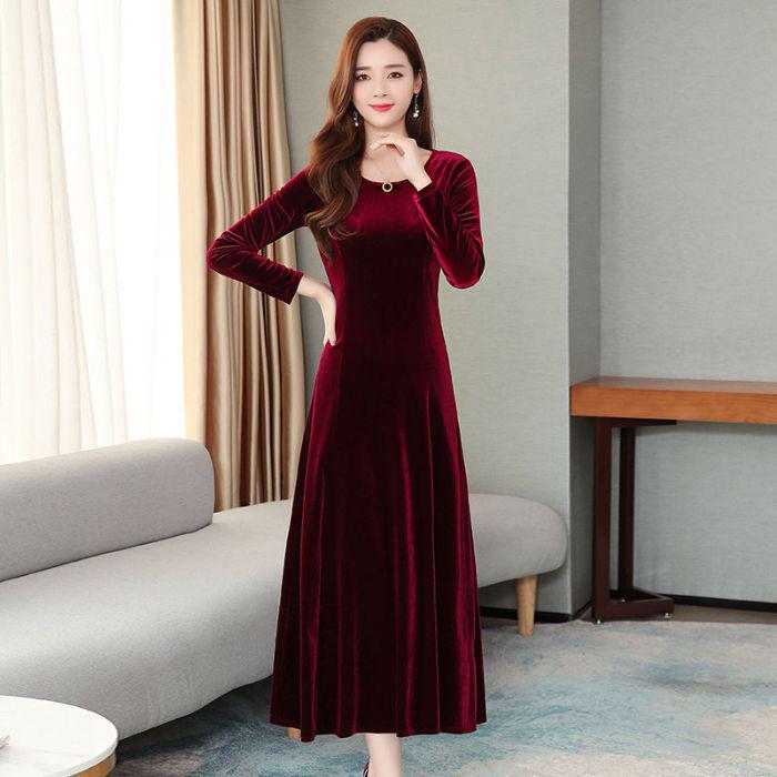 

High-Grade Golden Velvet Qipao Dress - Stylish, Thickened, Over-the-Knee Skirt for Spring, Autumn, and Winter. L (recommended weight 100-110 jin) вино красного