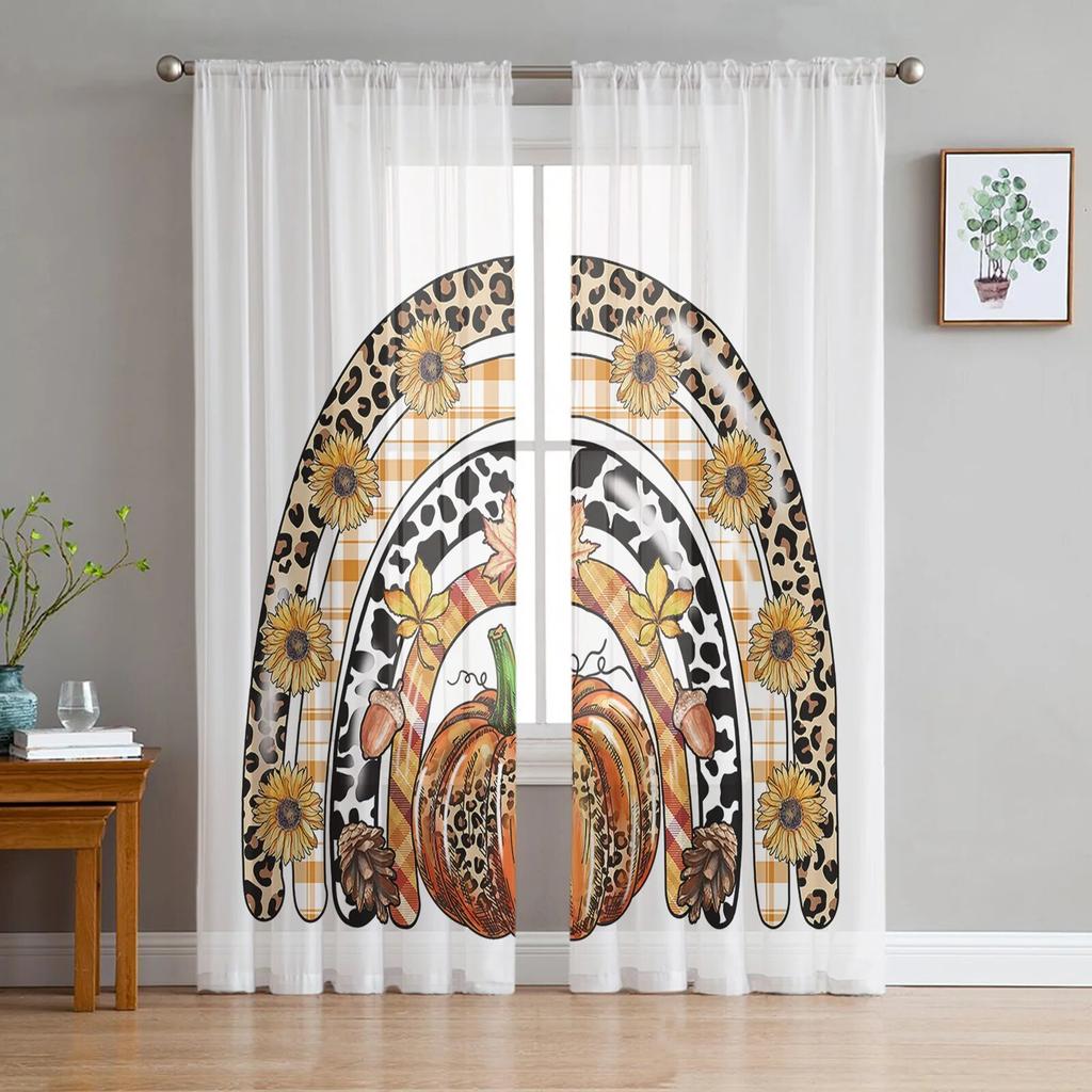 Thanksgiving Pumpkin Sunflower Leopard Skin Sheer Curtains Bedroom Living Room Voile Window Curtains Tulle Curtains for Kid Room