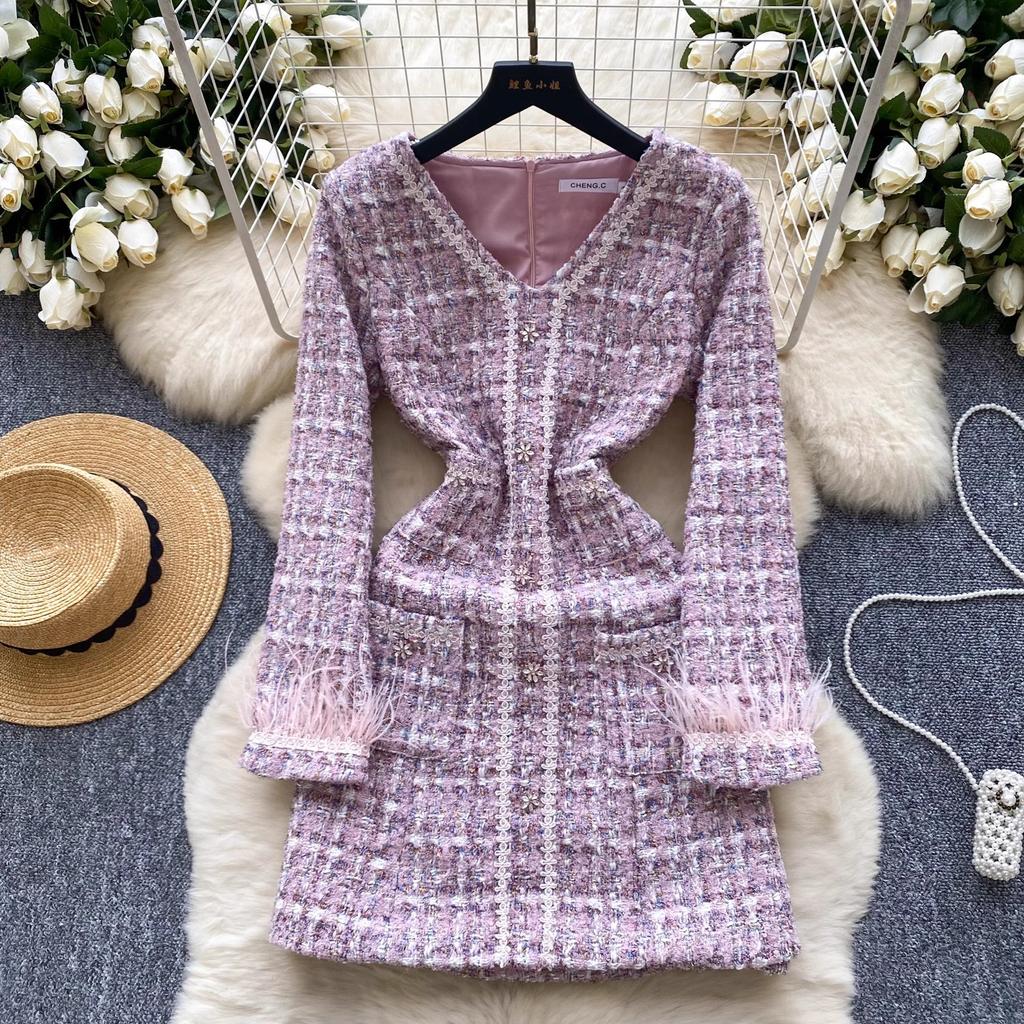 Autumn Winter Small Fragrant Long Sleeve Feathers Splice Plaid Tweed Dresses Women V Neck Zipper Woolen Pocket Party Mini Dresses