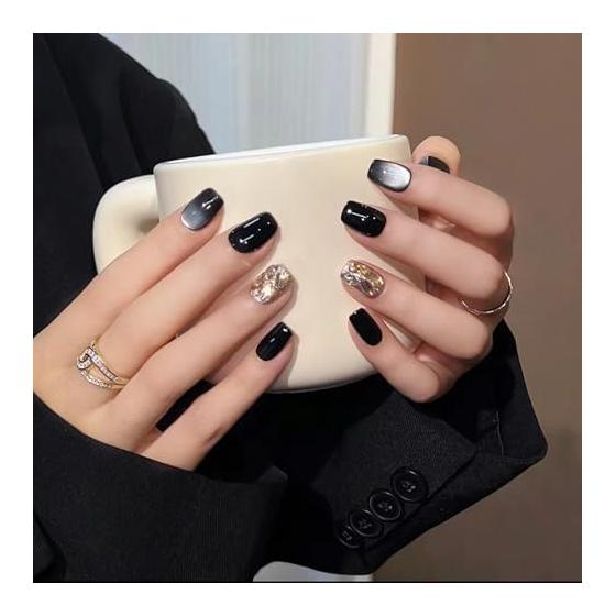 Nail Tip False Nails Nail Press Stylish Black Short Easy Off Nail Mine Type Korean Mass Produced Cosplay Nails Nail Art Cute Ladies Nail Glitter 24