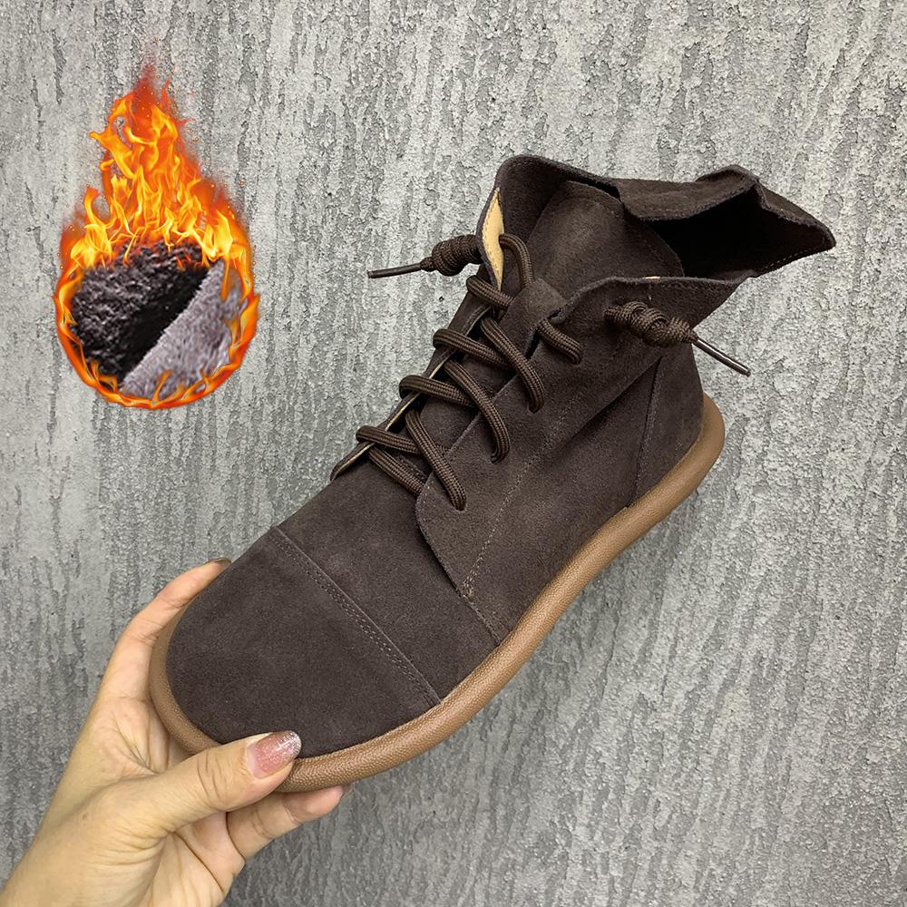 Leather Women Boots Lace Up Autumn/Winter Ankel Boots Plus Size Casual Flat Boots Antislip Warm Fur Snow Boots Plush Women Shoes