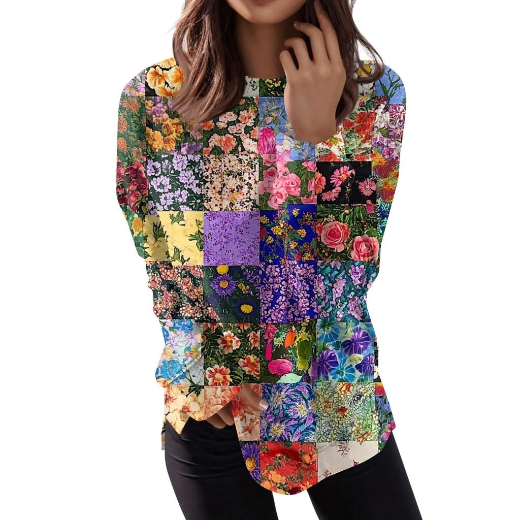 Women's Fashion Casual Long Sleeve Floral Print Round Neck Top