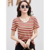 Women's V-neck T-shirt Solid Color Loose Short-sleeved Striped Casual Style XS Size for Summer Leisure Tops
