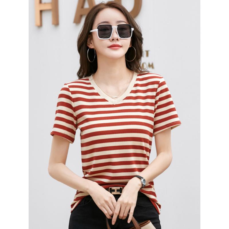 Women's V-neck T-shirt solid color loose short-sleeved striped casual style XS size for summer leisure tops