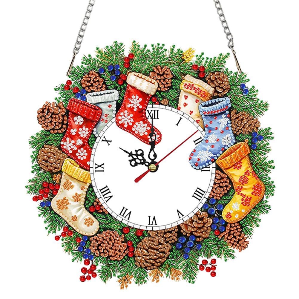 2D/Flat DIY Christmas Acrylic Diamond Painting Ornament with Clock Function Diamond Painting Clock Pendant for Home Decoration