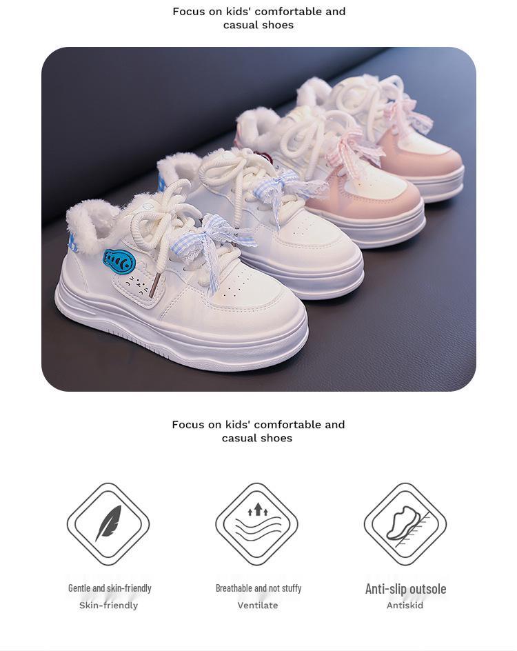 Versatile Children's Winter Plus Velvet Cat-Design Casual Warm Sneakers - White, Women's Sports Flat Shoes