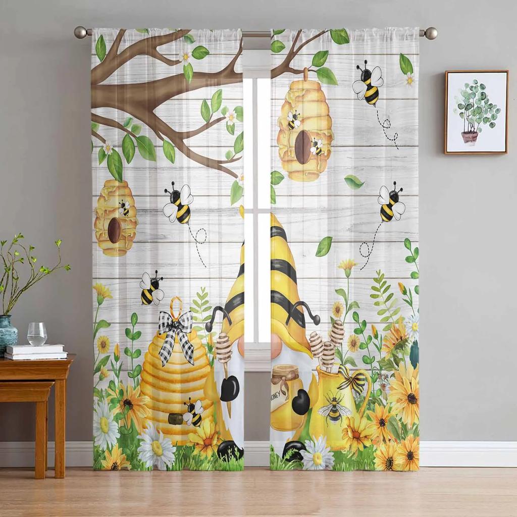 Bee Insect Golden Yellow Transparent Drapes for Bed Chamber Living Room Ornamentation Window Panel Curtain for Cooking Area Tulle Sheer Fabric