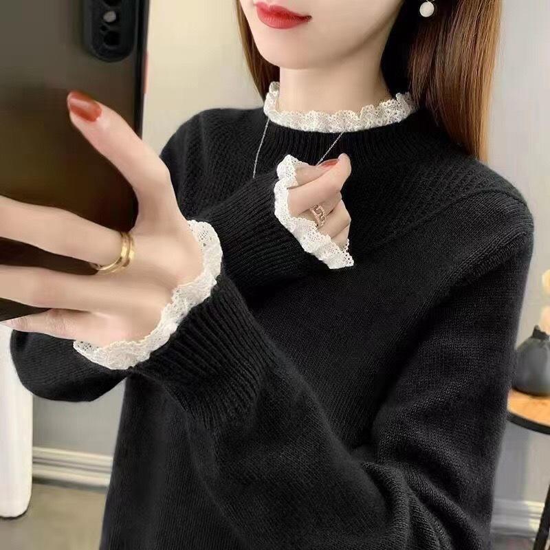 New Pullover Women's Top Lace Splicing Semi-turtleneck Sweater Femininity Knitted Bottoming Shirt