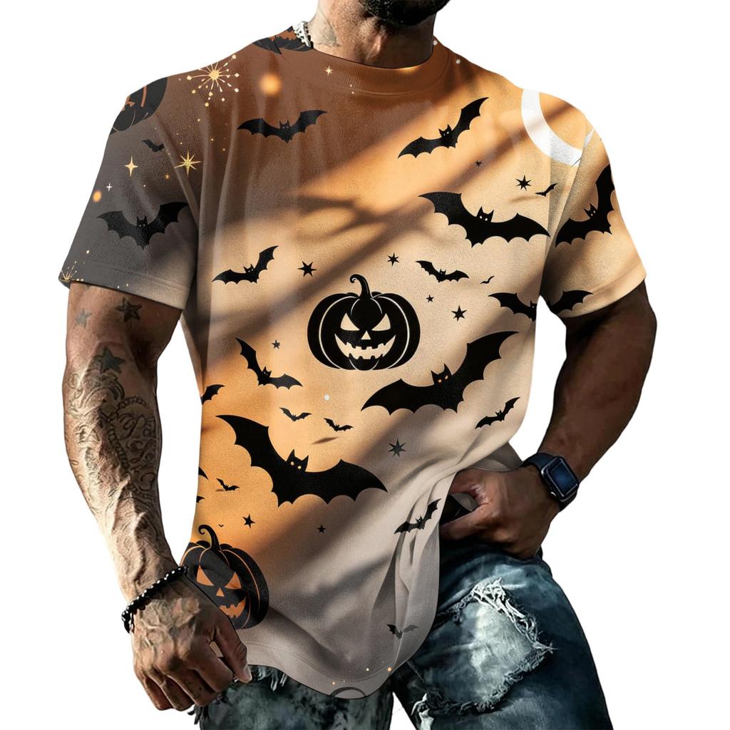 Men's Halloween Vintage Short Sleeve T Shirt Loose Breathable Summer Sports Streetwear Casual Daily Top with Pumpkin and Bat Print