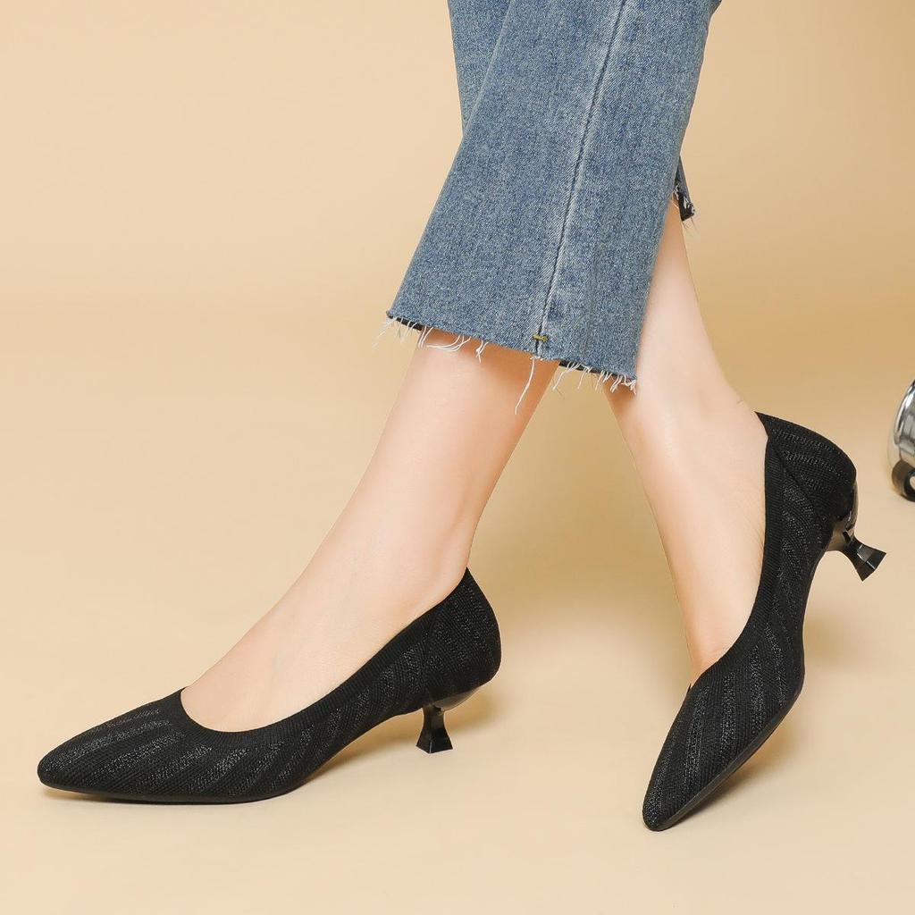 Pointed Toe Shallow Mouth Fabric Flat Bottom Women's Solid Knitted Soft Bottom Large Shoes Size 34-43