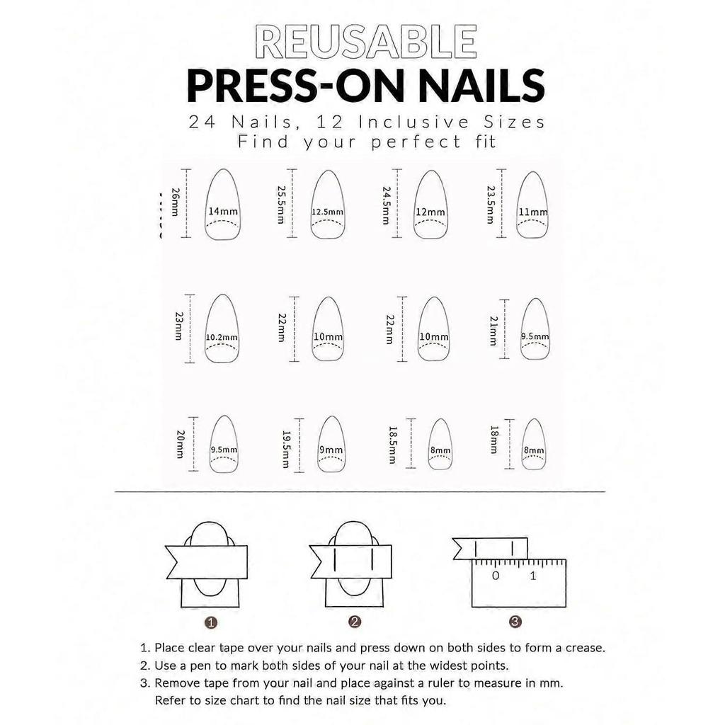 French Press On Nails with Gold Line Designs, Almond Shape Nail Manicure In Medium Size, Includes 24 Nails, 1 Sheet Nail Glue Sticker, 1 Mini File Wh
