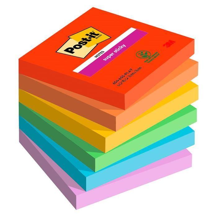 Notes couleurs - Post-it - Super Sticky - 76 x 76 mm - Lot de 12 - 90 feuilles assorties