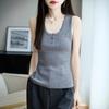 100s Fine Worsted Wool Womens U-Neck Knit Camisole Solid Slim Fit Basic Layering Top Fall