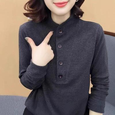Camiseta Gris de Manga Larga para Otoño e Invierno Moda Femenina Top Cálido para Vestir por Debajo