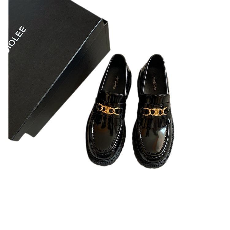 Grape Mother Has the Same Style, Spring British Style with One Pedal, Fringed Thick Heel Thick Sole Heightening Loafers, Black Small Leather Shoes.