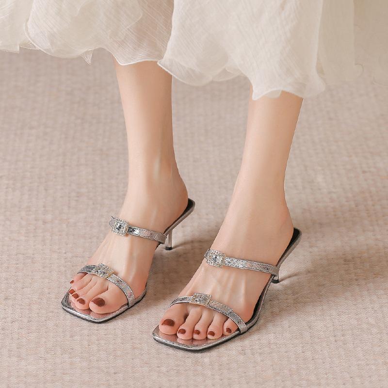 Fashion sexy ladies narrow band high heels summer slides shoes woman crystal buckle silver leather sandalias mujer metal heel flip flops