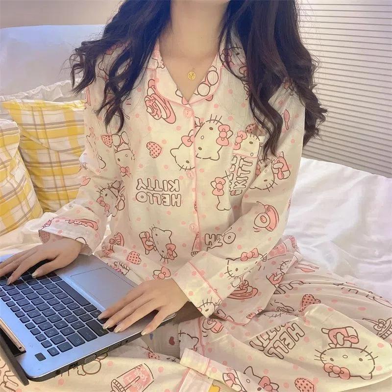 Pajamas women's spring and autumn imitation cotton high value fresh and sweet love women's long-sleeved trousers set loose loungewear