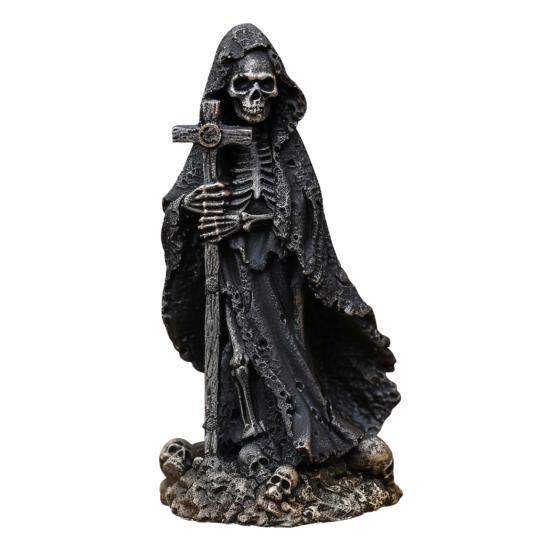 Halloween Black Robe Skeleton Figurine Gothic Cross Skeleton Resin Statue Sculpture Home Office Desktop Bookshelf Decoration Ornament Festival Gift