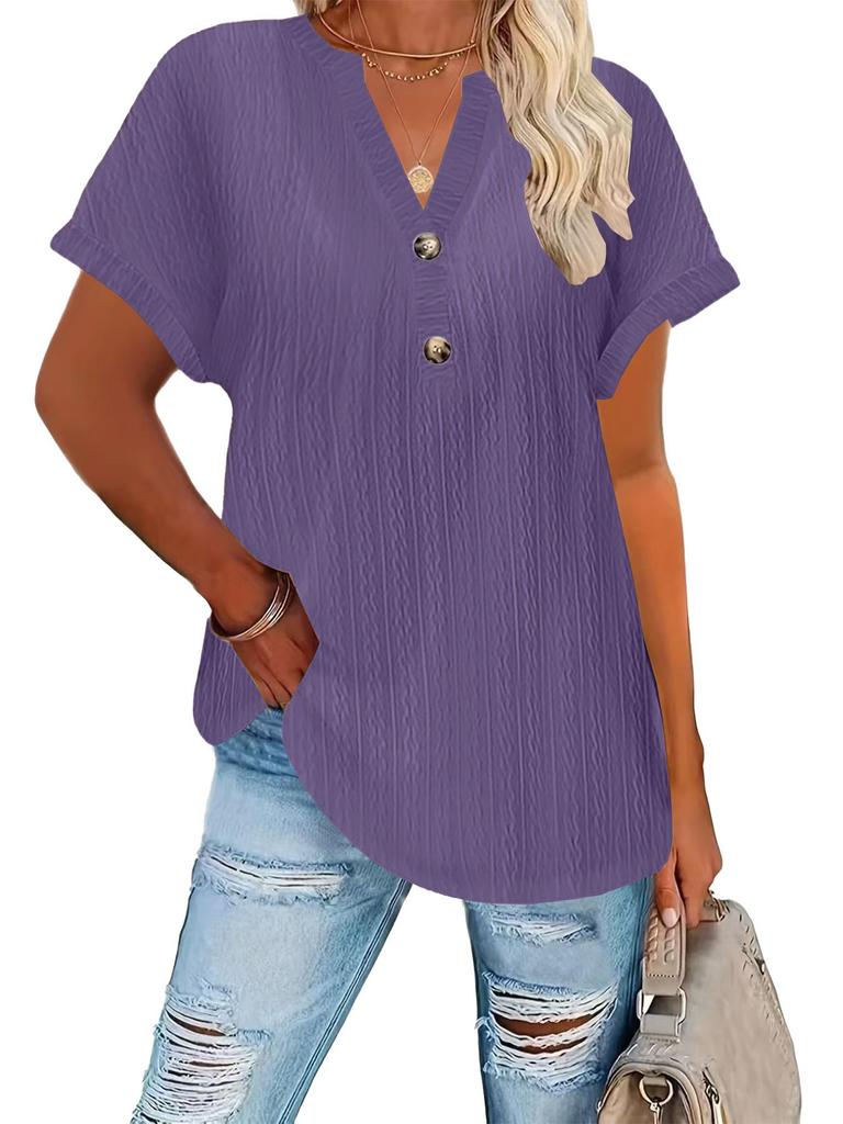 T-shirt Casual da Donna Colore Unico Scollo a V con Bottoni Moda Primavera/Estate 2026
